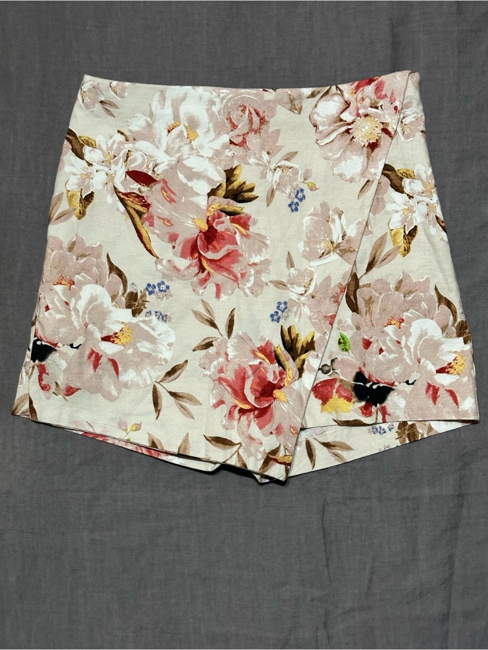 Express Cream Floral Wrap-Front Skort with Pink Blooms